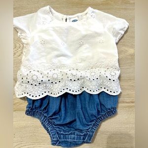 Girls 3-6M Denim & White Lace Eyelet Bubble Romper